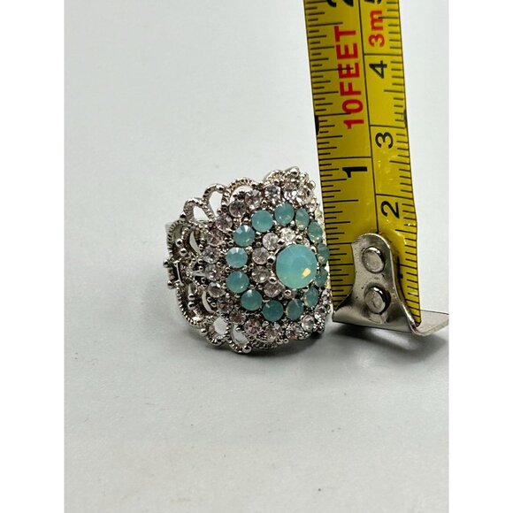 Blue Opalescent Rhinestones Ring Adjustable Silver Tone Wide Statement Jewelry - Picture 7 of 8